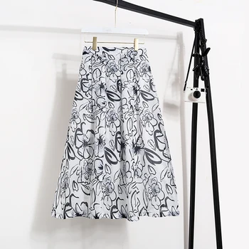 

Korean vintage flower print long skirts for women elegant ladies pleated midi mesh skirt summer saias mulher tulle jupe femme