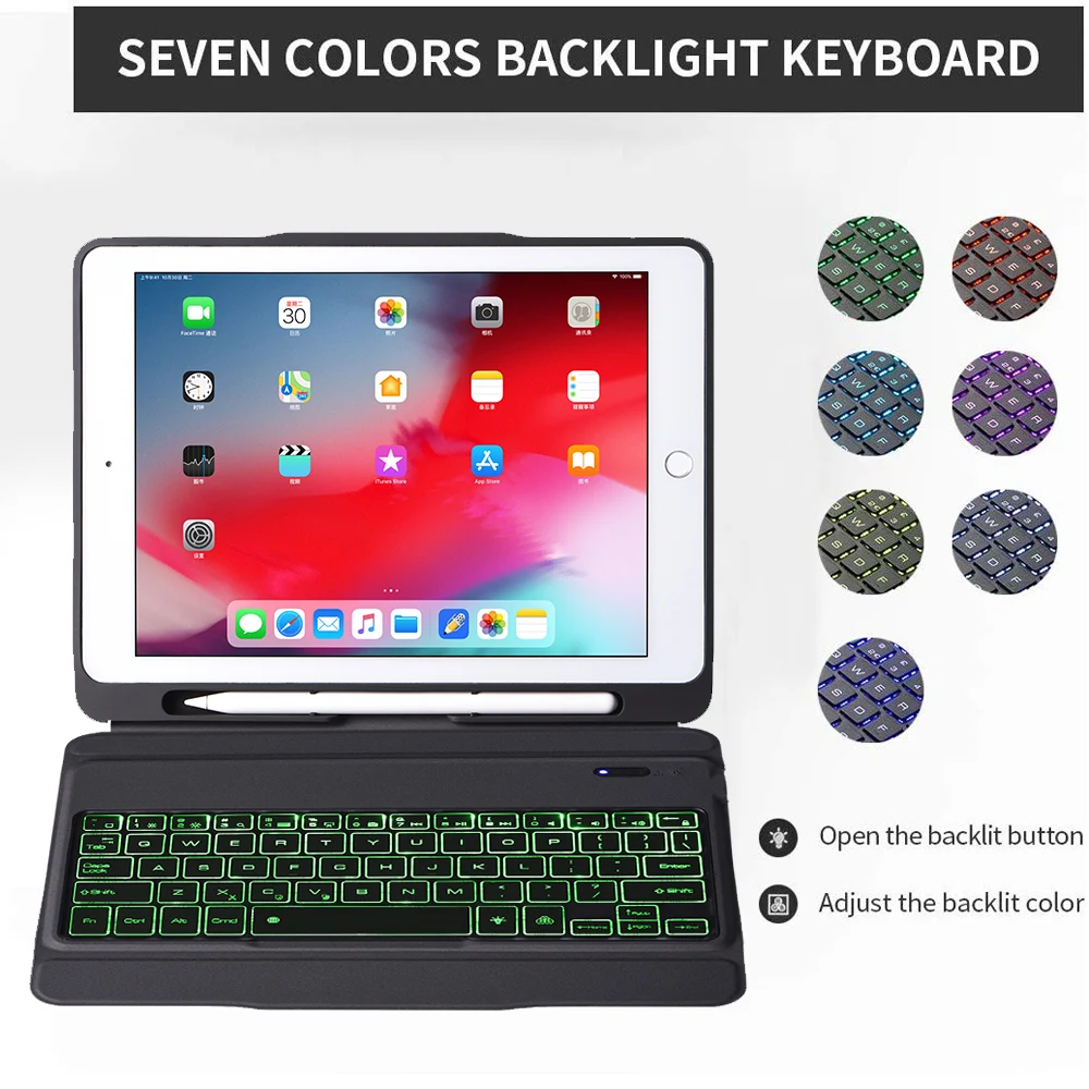 Для iPad Air 1 2 iPad Pro 9,7 iPad 9,7 7 цветов с Подсветкой Bluetooth Клавиатура США чехол для планшета с кожаным чехлом для ручки