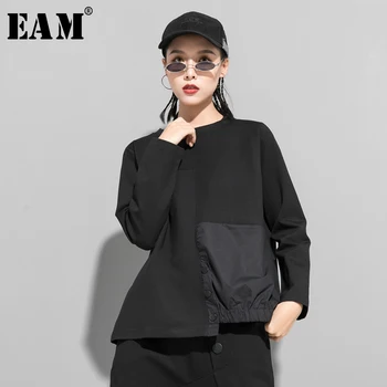 

[EAM] Loose Fit Black Asymmetrical Split Sweatshirt New Round Neck Long Sleeve Women Big Size Fashion Tide Spring 2020 1R425