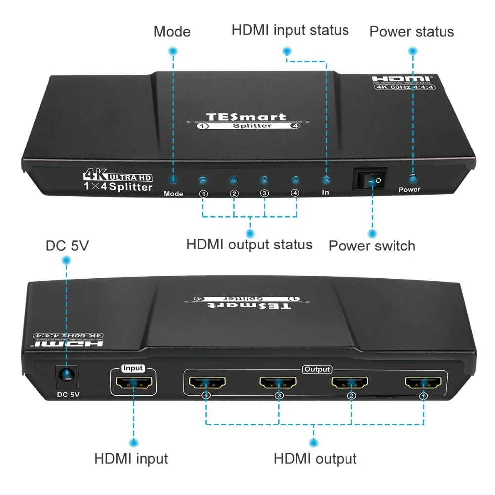 4K @ 60Hz Ultra HD 1x4 HDMI сплиттер 1 вход 4 выход разветвитель HDMI 1X4 коммутатор совместим с ПК PS3 PS4 Xbox HDMI 2,0 HDCP 2,2