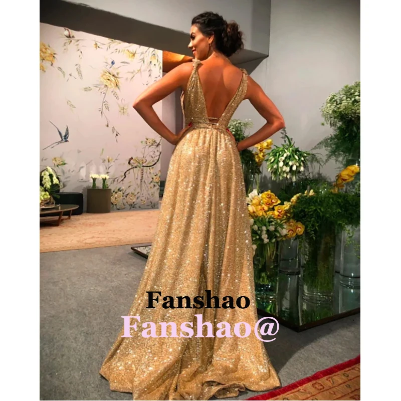 

New Arrival Champagne Sequin Bling Evening Dress Straps Formal Party Prom Gowns Saudi Arabric Dubai Vestidos de Fiesta