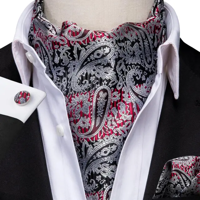 Hi-Tie Silk Men's Ascot Tie Pocket Square Cufflinks Set Cravat Ascots Scrunch Self British Style Gentleman Dress Scarves Party AS-1003