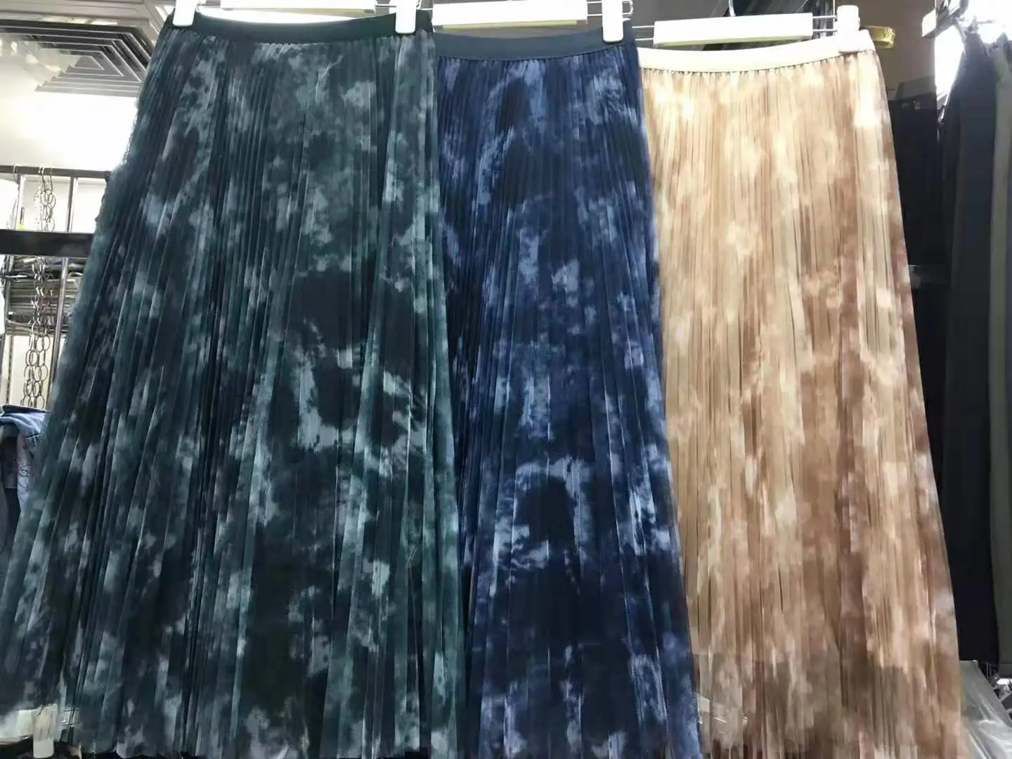 Плиссированные юбки для женщин с принтом Tie Dye, новинка, осенне-зимняя эластичная длинная юбка в сеточку с высокой талией, Harajuku, уличная одежда - Color: Apricot