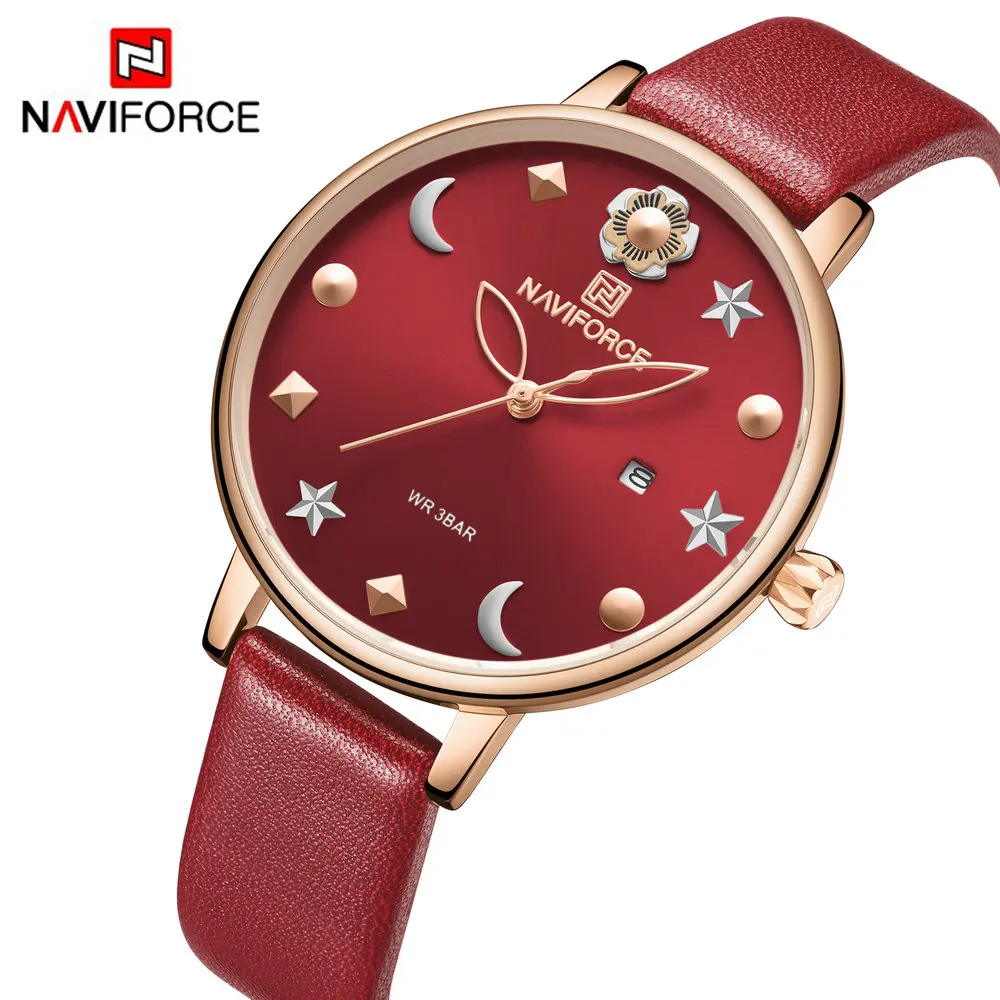 NAVIFORCE элегантные модные женские часы красный кожаный браслет кварцевые простые