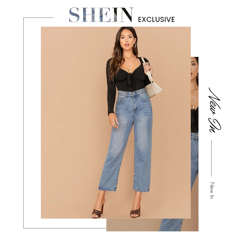 SHEIN, однотонная Милая Элегантная футболка с выпуклостью в форме шеи, женские топы, осенняя Базовая футболка с длинными рукавами и галстуком спереди для офиса