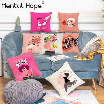 

Cartoon Print Cushion Cover Linen Cotton Sofa Throw Pillow Cover Letter Words Pattern Decorative Living Room Square Pillowcase