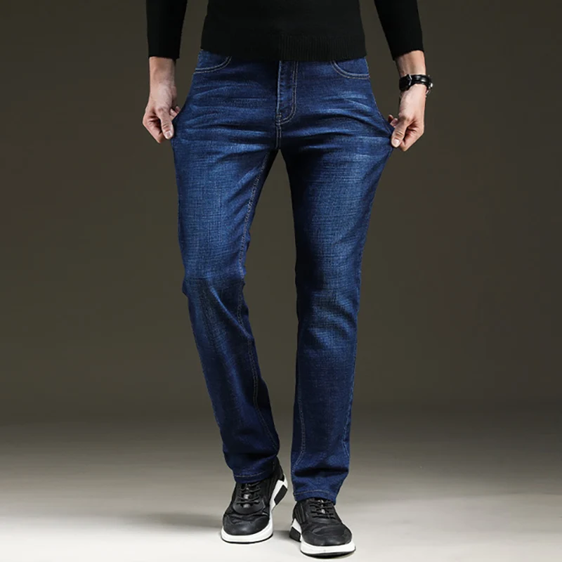 Осенние повседневные джинсы мужские однотонные тонкие прямые Стрейчевые тонкие джинсы классические из денима мужские уличные обтягивающие брюки Прямая поставка