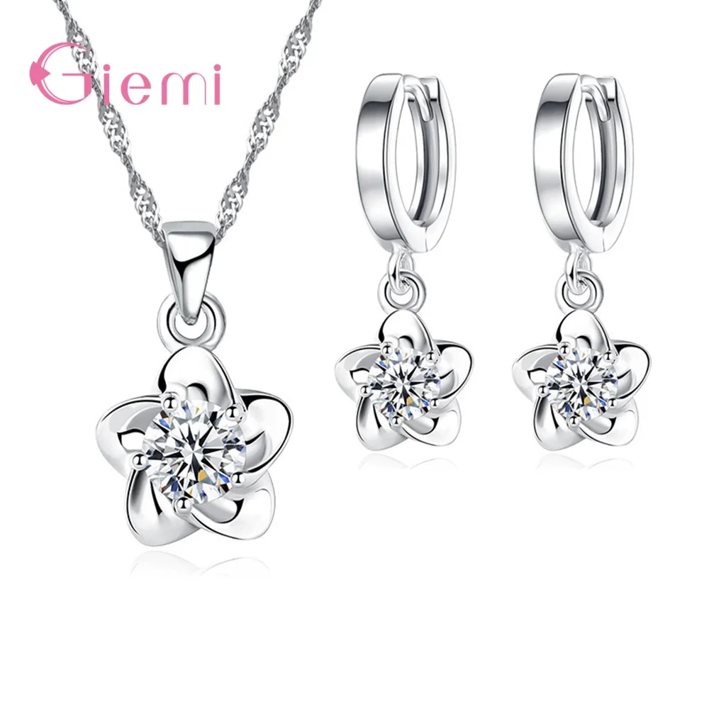 

Hot Sale S925 Silver Shiny Round Crystal Elegant Flower Pendant Chain Necklace Drop Earrings Jewelry Sets For Women