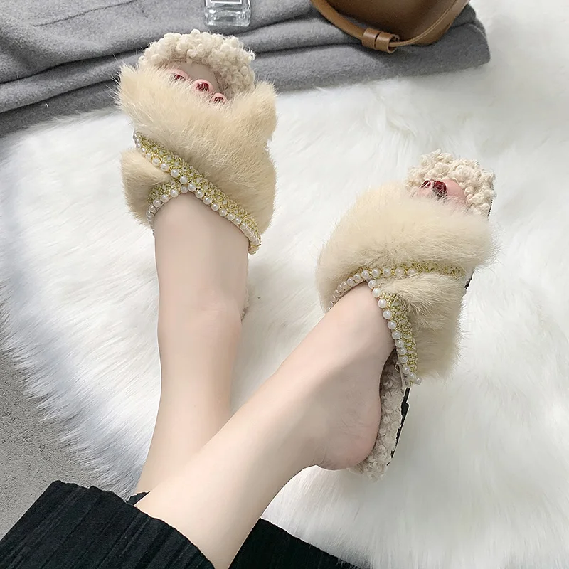 

Shoes Luxury Slides Slippers Fur Shose Women String Bead Designer Plush 2019 Flat Autumn Rome Cotton Fabric Basic with fur