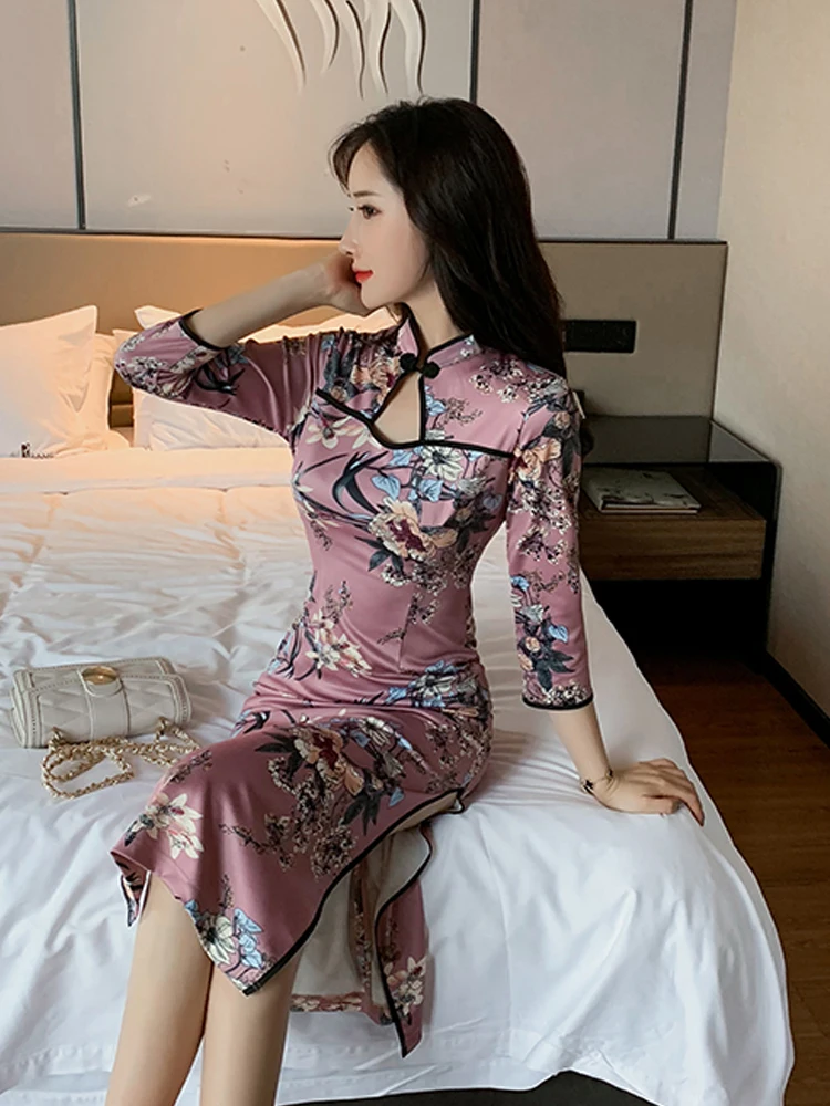 Китайское платье с цветочным принтом, платье в восточном стиле, qipao, улучшенное, cheongsam, сексуальное, qipao, Платья для вечеринок, униформа для ночного клуба