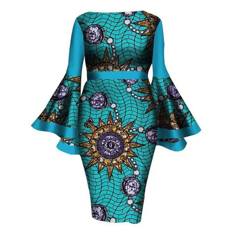 Африканские платья для женщин с принтом Дашики новые Этнические Традиционные модные женские платья повседневная сексуальная одежда Вечерние платья - Цвет: Light blue
