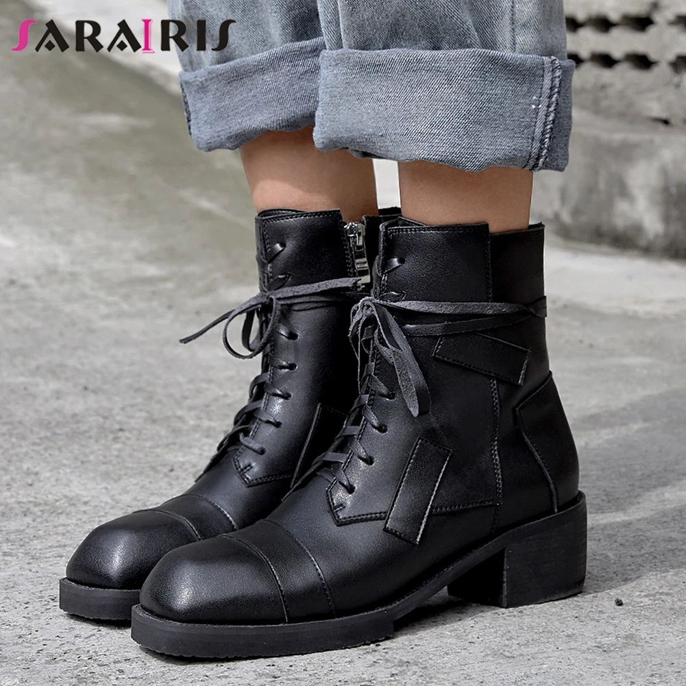 

SARAIRIS New Brand Black Platform Booties Ladies Genuine Leather Ankle Boots Women 2020 Casual Chunky Heels OL Shoes Woman