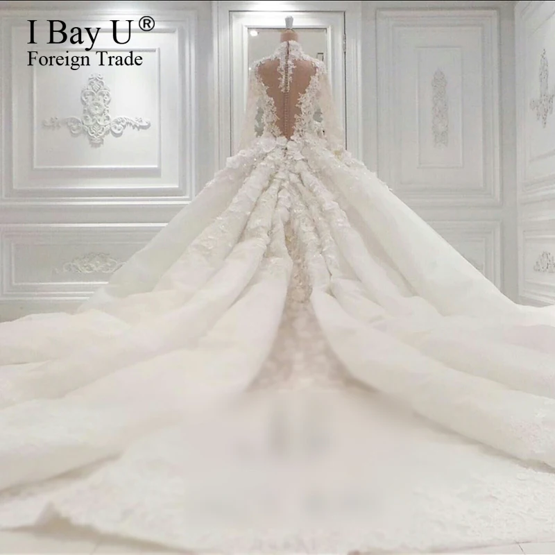 Роскошное Свадебное платье с длинным шлейфом и высокой горловиной,, прозрачное свадебное платье со стразами, Vestido De Noiva Princesa Luxo Trouwjurken