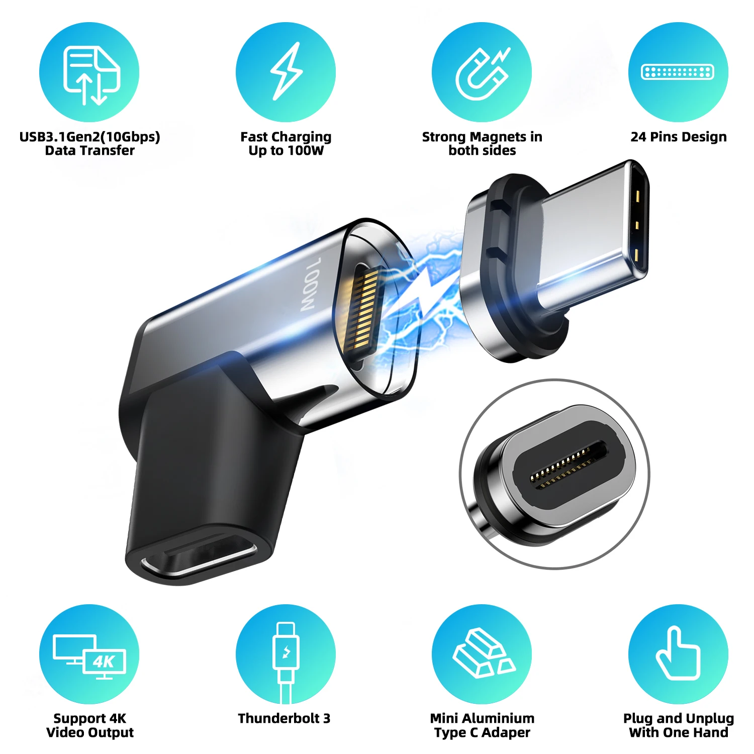 USB to Type C Adapter ANMONE Usb3.1 Magnetic 10Gbp PD 100W Fast Charging Type C Connector Data Sync 24Pins 4K@60Hz