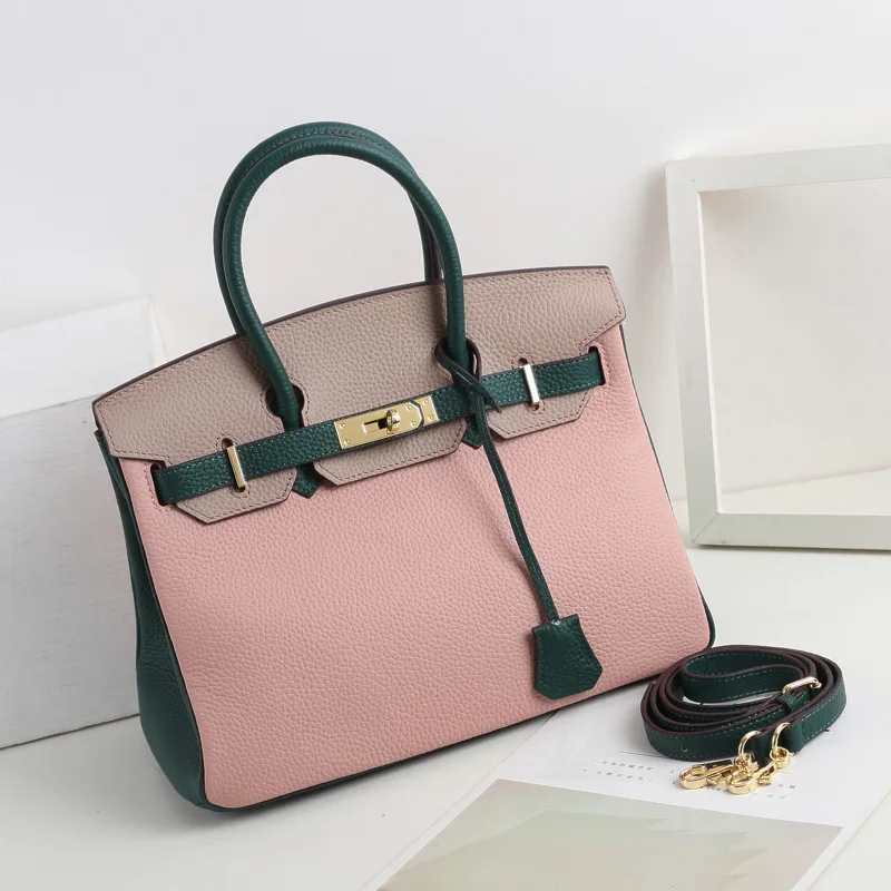 

New Style Big Brand Genuine Leather Birkin Bag Embossed Leather First Layer Cowhide Handbag Fashion Mixed Colors Shoulder Cross-