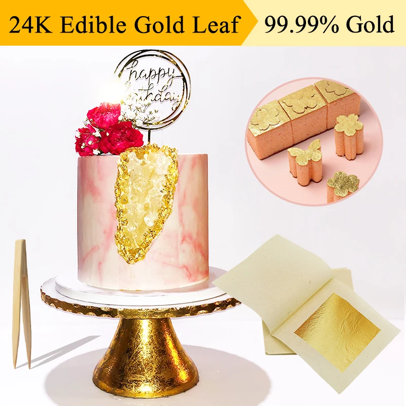 

50Pcs 24K Gold Leaf Sheets Gold Foil for Cake Decoration Steak Real Gold Paper Gold Cooking Drink Food Dessert Gold Decorations