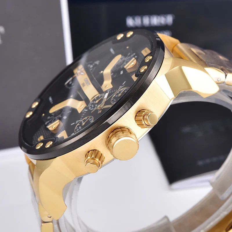 KUERST мужские золотые часы люксовый бренд водонепроницаемые спортивные кварцевые часы с хронографом наручные часы с четырьмя часовыми поясами