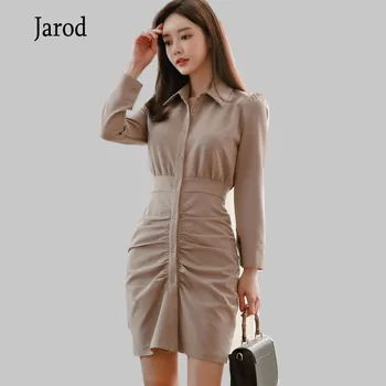 

Korea fashion Single-breasted Ruched Shirt Dress Women 2020 Spring New OL Turn-down Collar Work Wear Solid Color Pencil Vestidos