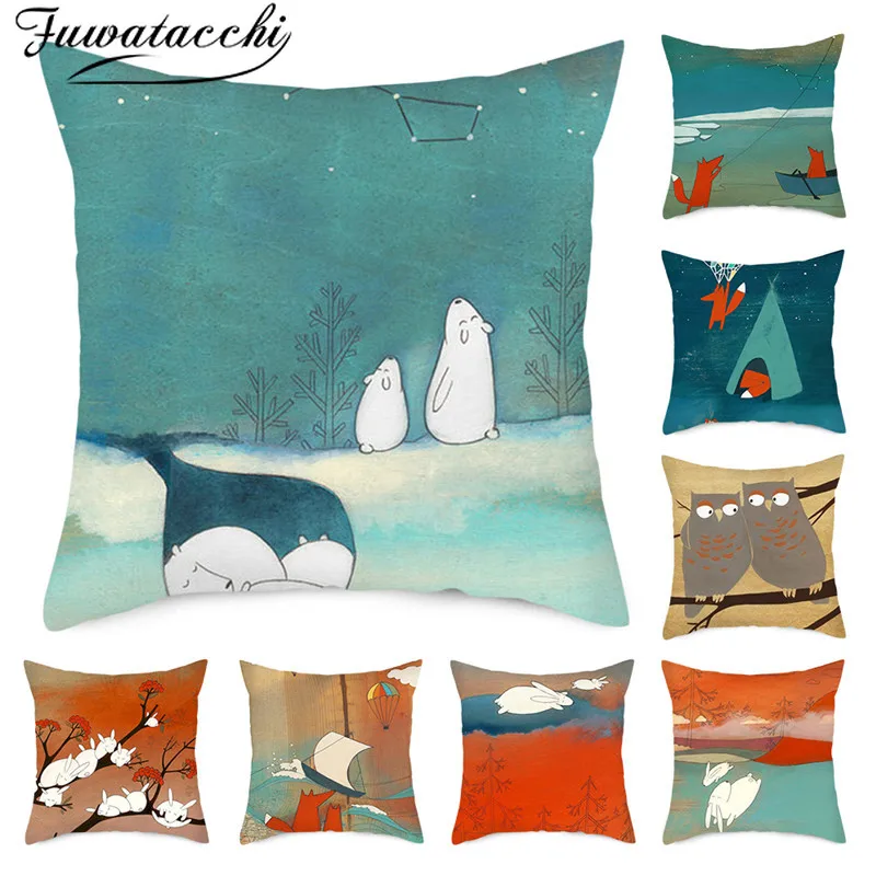 

Fuwatacchi Pure Linen Cushion Cover Natural Scenery Owl Fox Pillow Cover for Home Chair Sofa Decorative Pillowcases 45x45 Cm