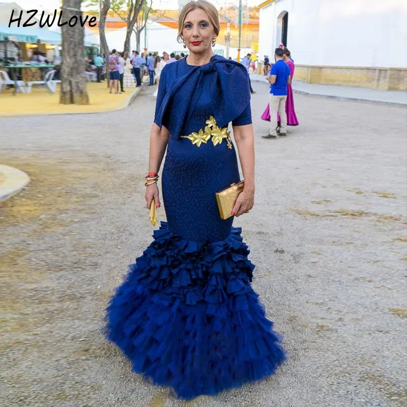 Темно-синие платья для матери невесты Aso Ebi Бант пояс с аппликацией и юбкой-годе вечерние платья с короткими рукавами Многоуровневое плюс размер платье для выпускного вечера