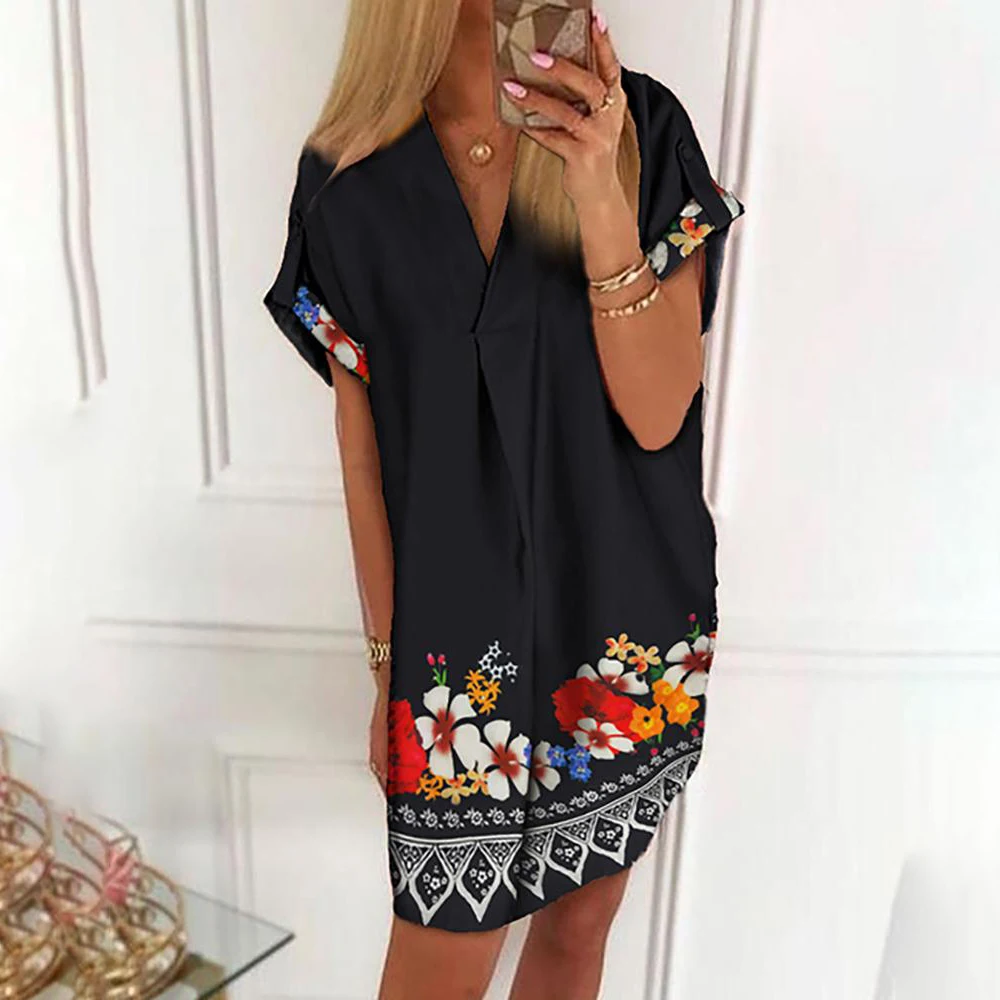 

Plus-Size Women Dress Loose Casual Summer Baggy Tunic Dress 2020 New Casual Short Sleeve Floral Print V-Neck Dresses Vestido D30