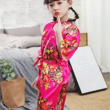 High Quality Kids Girls Print Bathrobe Thin Breathable Satin Smooth Night-robe with Belt for Summer