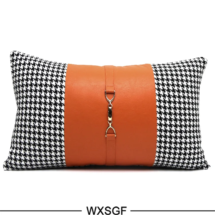 Waliicorners Waist pillow cushion cover black white houndstooth pillow cover Orange pu leather cushion cover pillowcase 10 20191201_133106_041