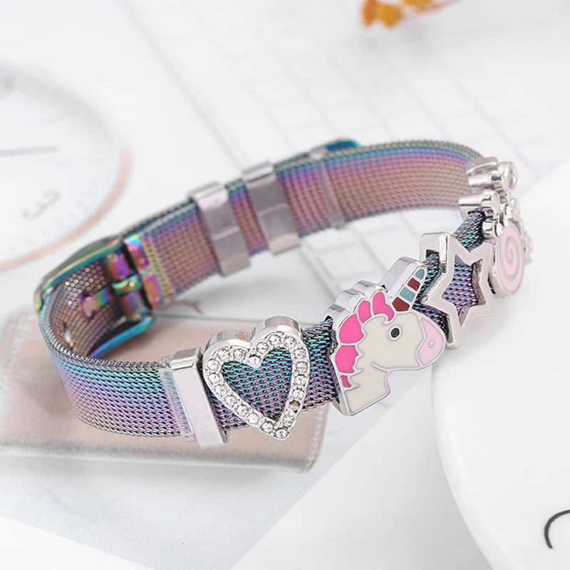 Boosbiy модный цветной браслет из нержавеющей стали с сеткой, Набор браслетов с кристаллами в форме сердца, очаровательный брендовый браслет для женщин, ювелирный подарок