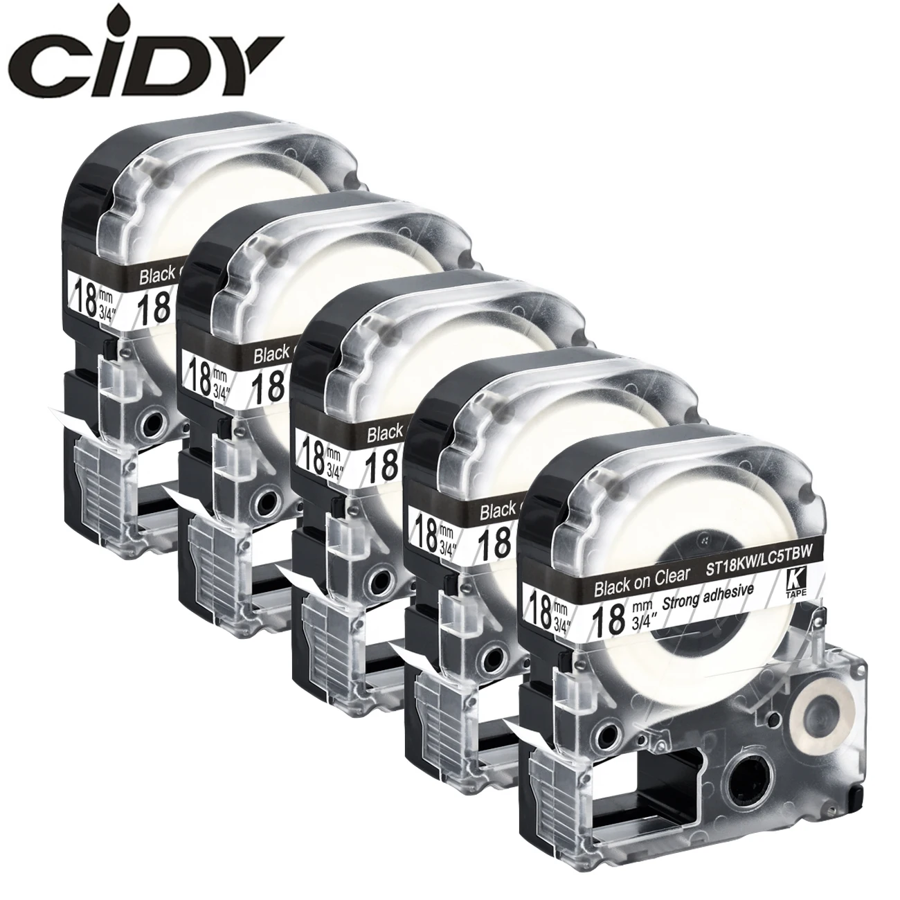 Cidy 5 шт. для принтера Epson/KingJim ST18KW LC-5TBW для LW-300 LW-400 черный на прозрачном 18 мм этикетке Cassete SS18KW