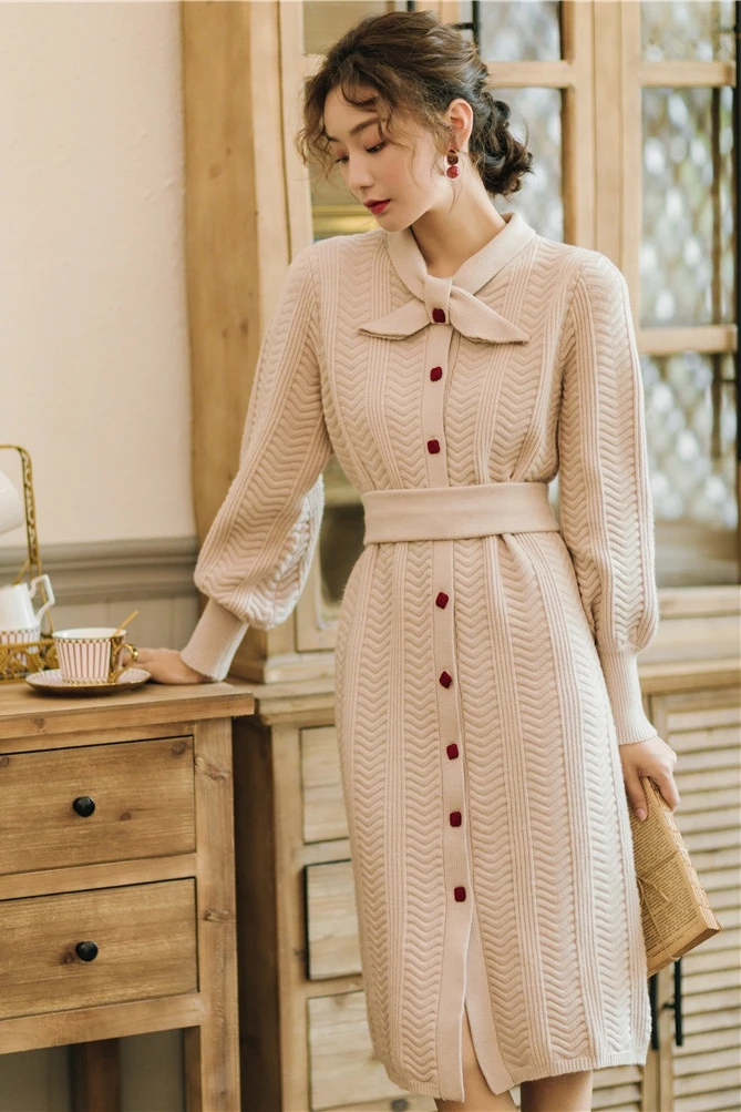 Новое модное женское французское винтажное вязаное платье толстое теплое