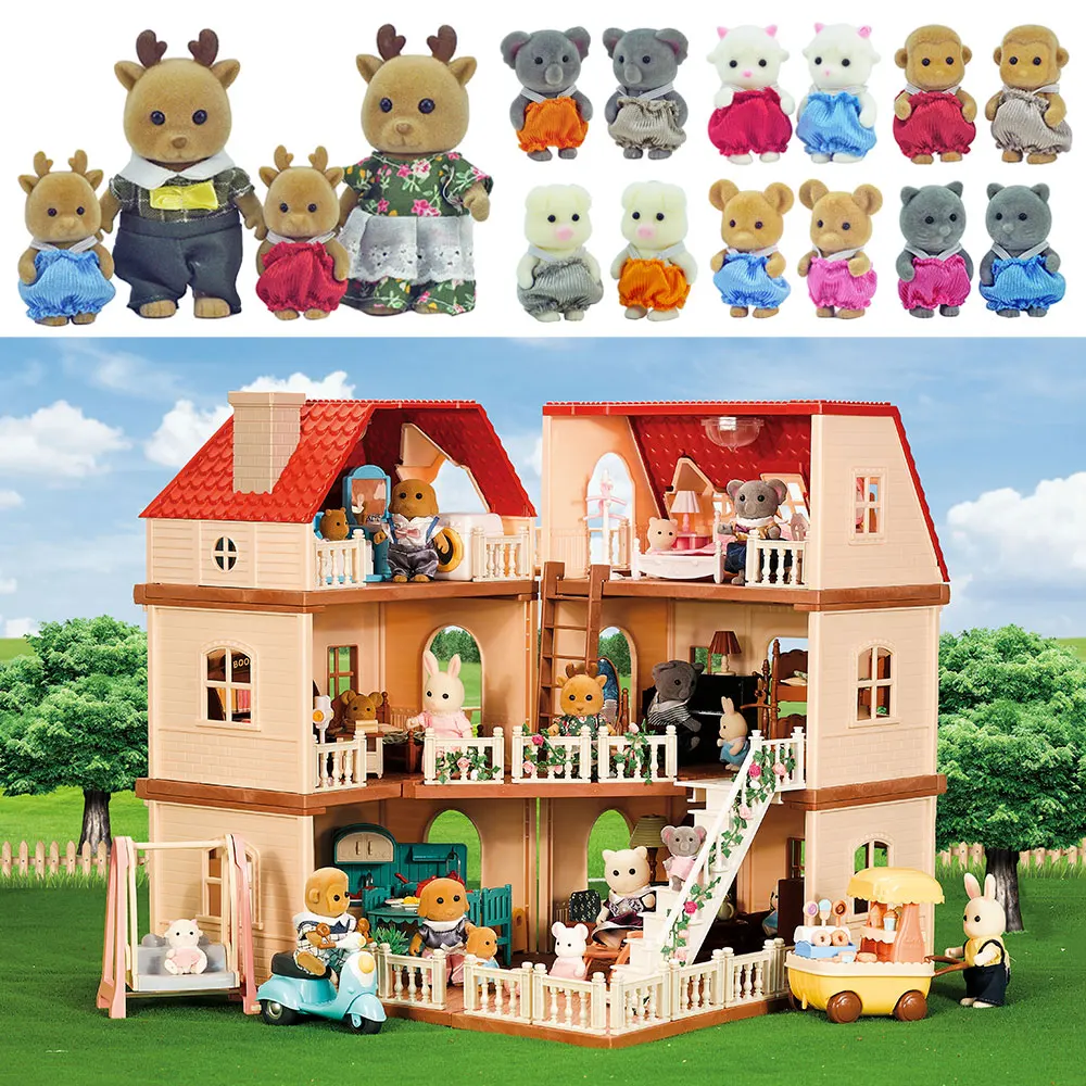 Simulation Kitchen Forest Family Small House Double Three- Story Villa Reindeer  Animal Model Girl Dollhouse Furniture Toy Gifts 5