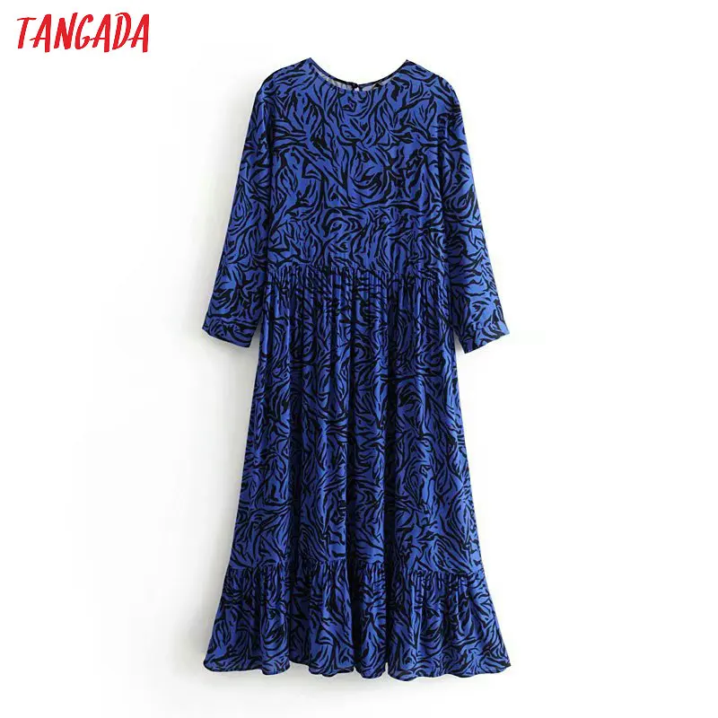 Tangada women leopard blue dress long sleeve vintage pleated loose midi dress female ladies clothing 3A41
