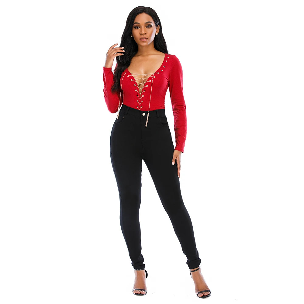 Metal Chain Lace up Bodysuit Women 2020 Autumn Long Sleeve Red Bodycon Body mujer Deep V Sexy Hollow out Woman Bodysuits D30