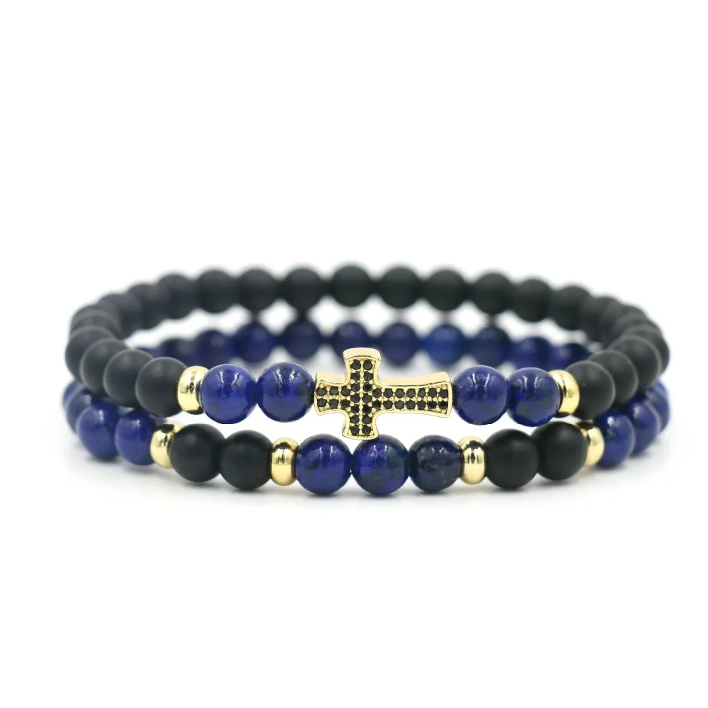 2Pcs/Set Natural Lapis Stone Beaded Strand Cross Bracelet For Men Women Jewelry | Украшения и аксессуары