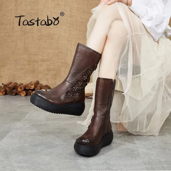 

Tastabo autumn and winter Thick bottom Women's nude boots Wild casual style Booties S66106 retro women's shoes Brown Black