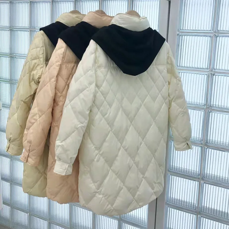 

Women's 2021 winter new warmth contrast stitching diamond lattice hooded casual mid-length down jacket