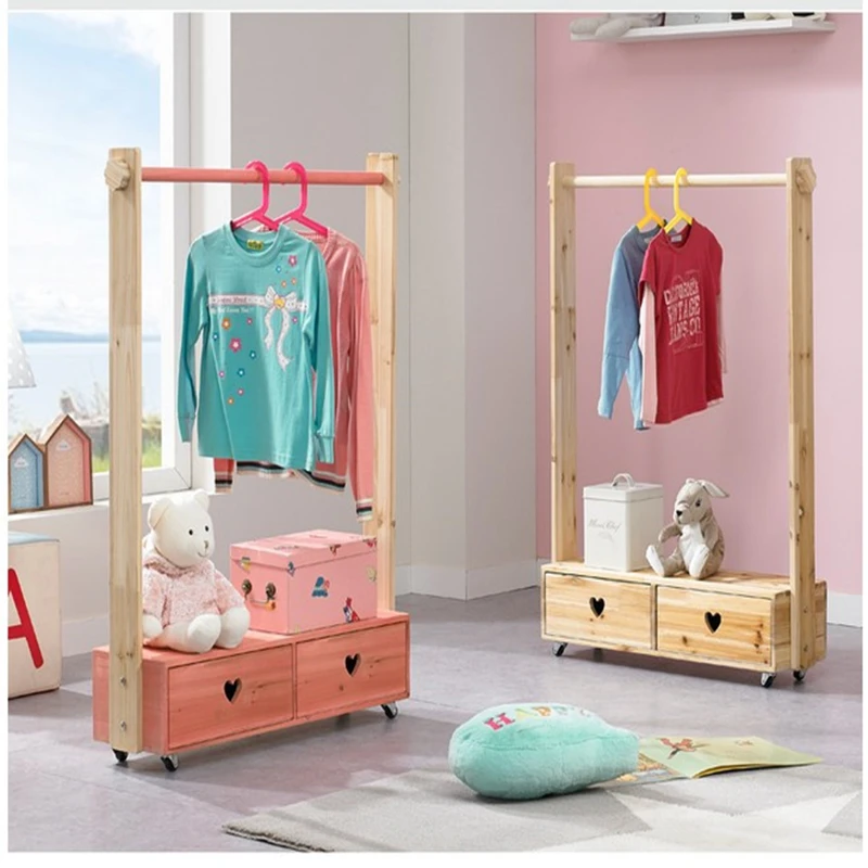 

Solid Wood Double Draw Children's Clothes Rack Pine Floor Clothes Hat Rack Household Clothes Hanger Clothes Rack