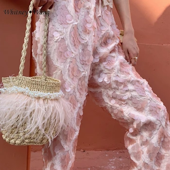 

WHITNEY WANG Designer Style 2020 Spring Summer Fashion Streetwear Pears Beading Feathers Drawstring Straw bag Women Beach Bag