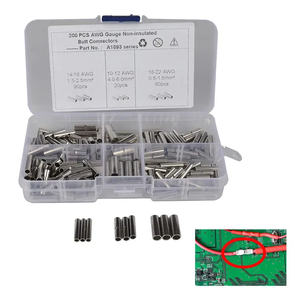 

200Pcs/set 22-18 16-14 12-10 Non-Insulated Butt Connectors Uninsulated Wire Ferrule Cable Crimp Terminal Kit