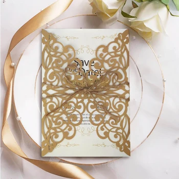 

10Kit Flower lace Laser Cut Gold Wedding Reception Invitations with Rsvp Cards and Envelopes Personalized Print Invites