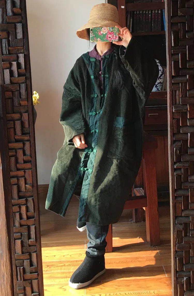 

2019 luo gu ni Origional Chinese Button Knots Breasted Washing Corduroy Contrast Color Big Gown with Lining 1486