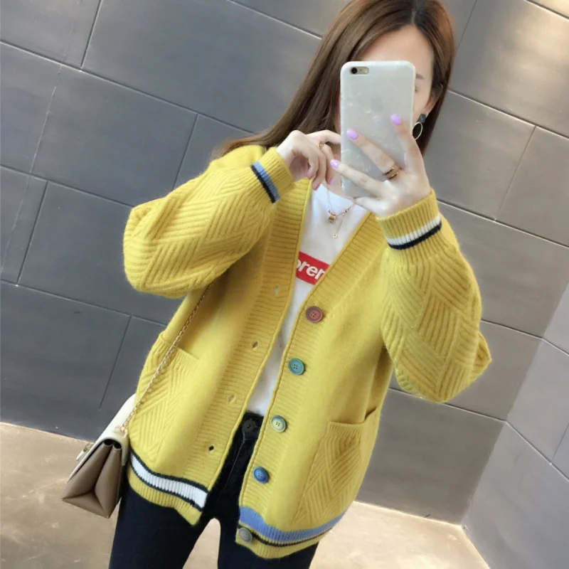Korean Style Spring Autumn Sweet Loose Lazy Wind Button Knit Cardigan Pocket Jumper Sweater Long Lantern Sleeve Coat Women - Color: YB