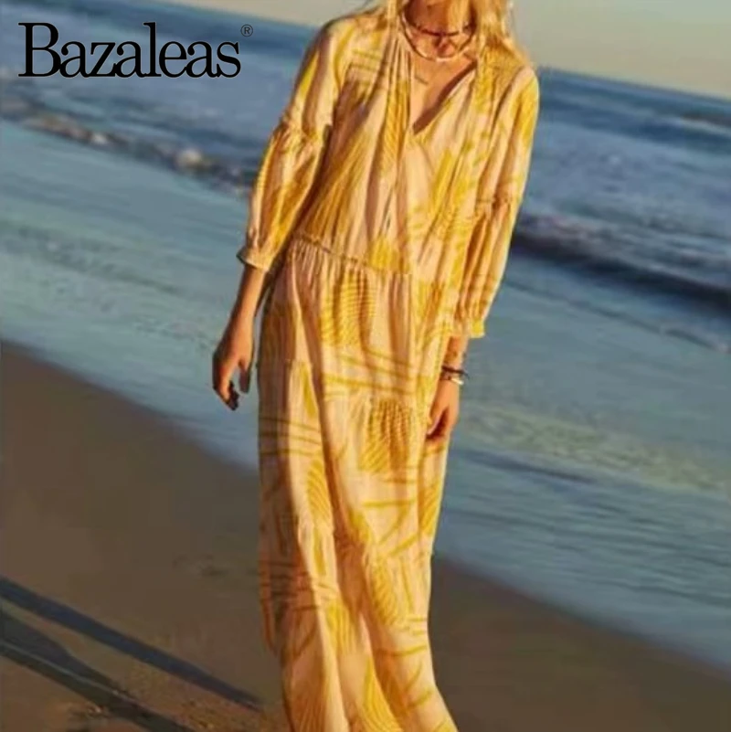 

Bazaleas France V Neck Yellow Floral Print Summer dress Fashion Women Long Dress Vintage Holiday Beach vestidos Drop shipping
