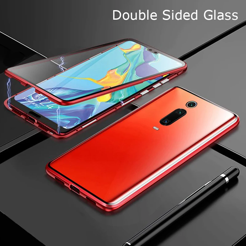 Магнитный адсорбционный металлический чехол для телефона для Xiaomi mi CC9 CC9E 8 9T A2 A3 Lite F1 двойная стеклянная крышка красный mi K20 Note 7 8 Pro Funda - Цвет: Red