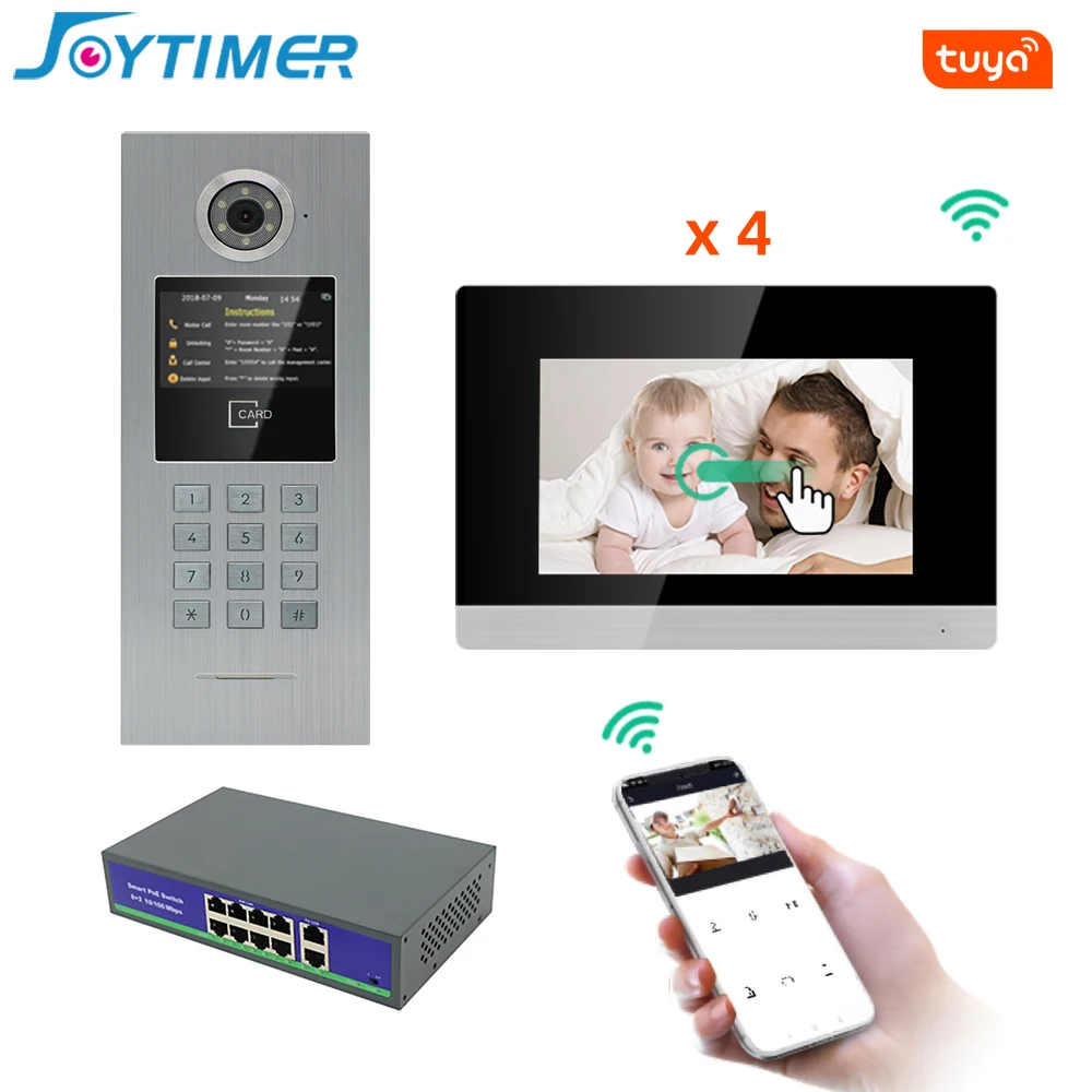 

7-дюймовый Wi-Fi IP-видеодомофон Joytimer с сенсорным экраном, домофон для 4-семейной системы контроля доступа, RFID-карта/дистанционная разблокировка через приложение