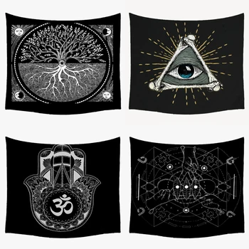 

Hippie Black Tapestry Mandala Psychedelic Carpet Hanging Wall Large Tapestries Tarot Ouija Fatima Hand Evil Eyes Boho Home Decor