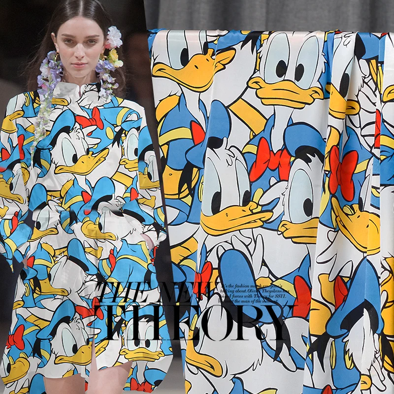 The Cloth 14momme Cartoon Duck Printed Crepe de Chine 100% Silk Materials Shirt Dress DIY clothes fabrics Freeshipping | Дом и сад
