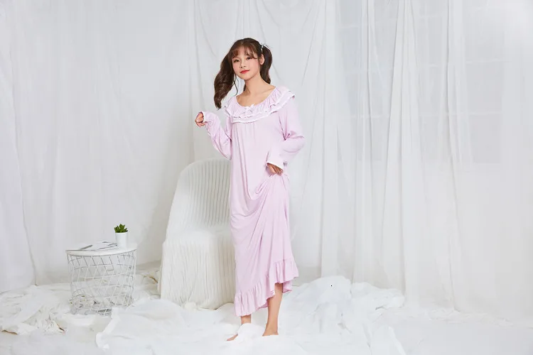 Новая Осенняя пижама из модала, Женская хлопковая Домашняя одежда принцессы с длинным рукавом, ночная рубашка, дышащая эластичная Пижама, ночная рубашка для женщин