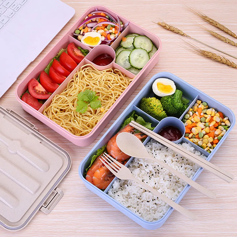 

3/5 grids Lunch Box Wheat Straw Bento Box Portable Ec-friendly Food Storage Container For Students School Microwavable