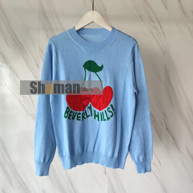 

luxury designer 2020 Women Celebrity Inspired Cherry Lettered Jacquard Long Sleeve round Neck Pullover Knitting sweater jumpers